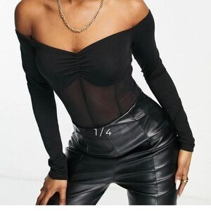 ASOS DESIGN off shoulder corset mesh detail bodysuit in black